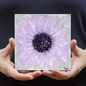 Little Impasto Painting of Flower on Canvas, Textured Mini Art for Shelf Décor in Purple, Gray  - 6x6