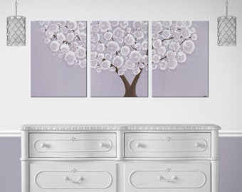 Minimalist Painting of Tree in Rustic Purple on Triptych Canvas for Large Bedroom Wall Art, Original Artwork - 50x20