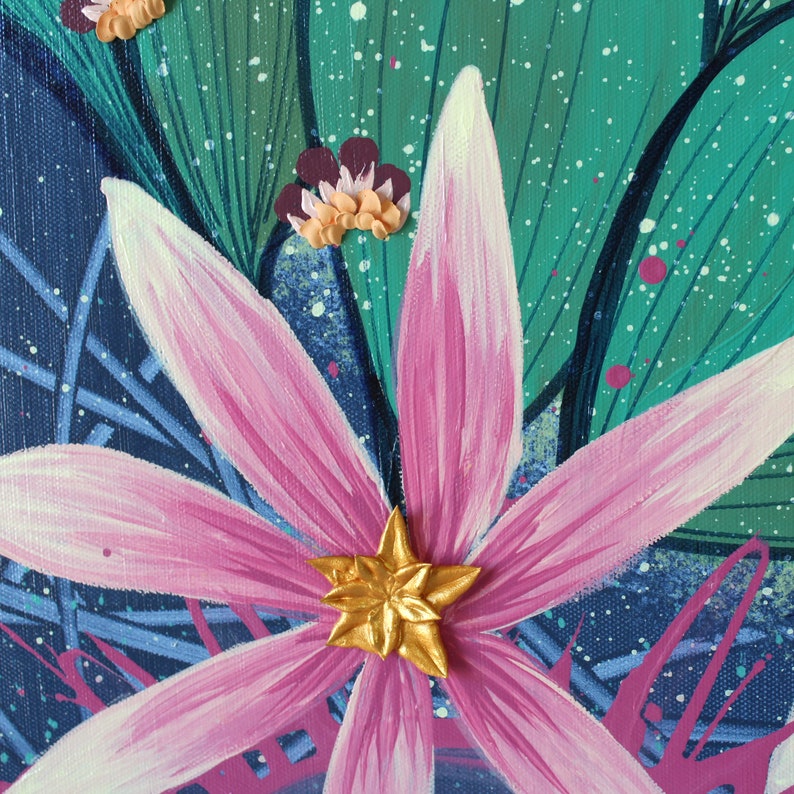 Close up of gold textured flower center on cactus painting in peach, berry pink, and jade green as an original one of a kind artwork