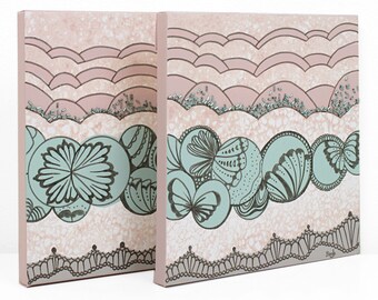 Abstract Butterfly Wing Painting: Teal and Pink Acrylic and Ink Art, OOAK, 21x10