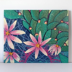 Front view of cactus flower painting with colorful texture on canvas as an original one of a kind artwork