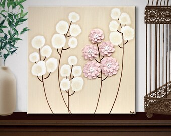 Cute Painting of Flowers on Small Canvas Art with 3D Sculpted Wildflower in Pink for Girls Gift - 10x10
