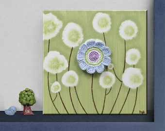 Little Flower Painting on Canvas with 3d Crochet Flower, Miniature Art for Shelf Decor in Periwinkle and Green - 6x6