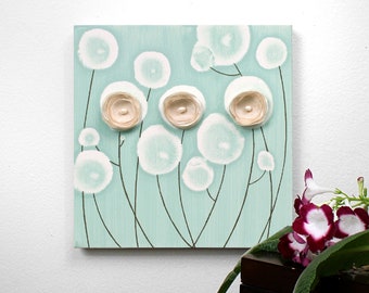 Small Teal Painting with Hand Crafted Flowers on Square Canvas, Original Minimal Artwork - 10x10