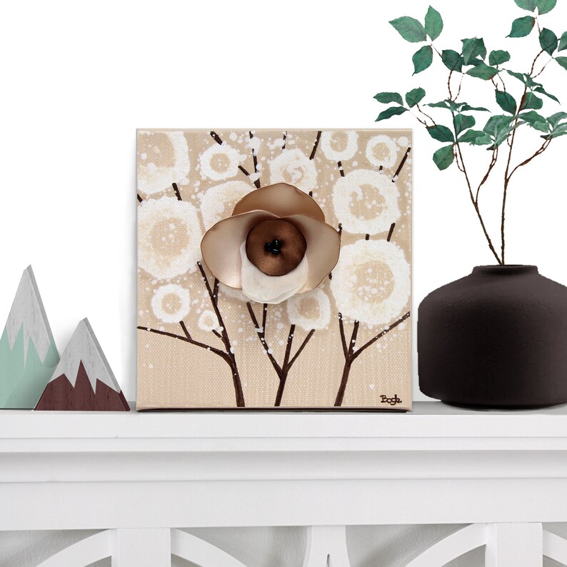 Shelf decor setting view of mini canvas art for cubicle decor with a 3d orchid flower on neutral earth toned painting original