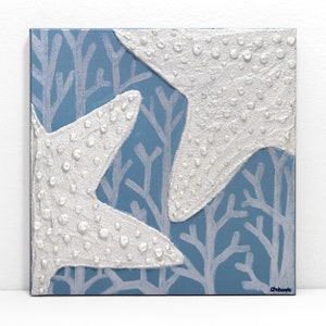 Pearlescent Starfish Beach Art, Textured Painting in Blue and White on Small Canvas - 10X10