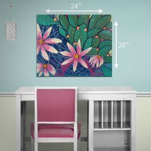 Size guide for 20x24 cactus flower painting with colorful texture on canvas as an original one of a kind artwork