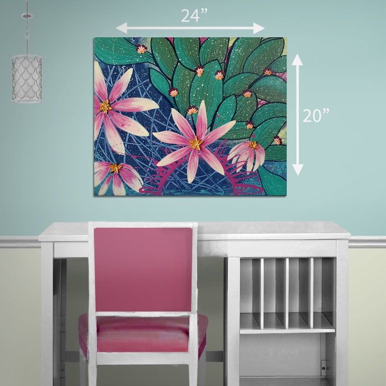 Size guide for 20x24 cactus flower painting with colorful texture on canvas as an original one of a kind artwork