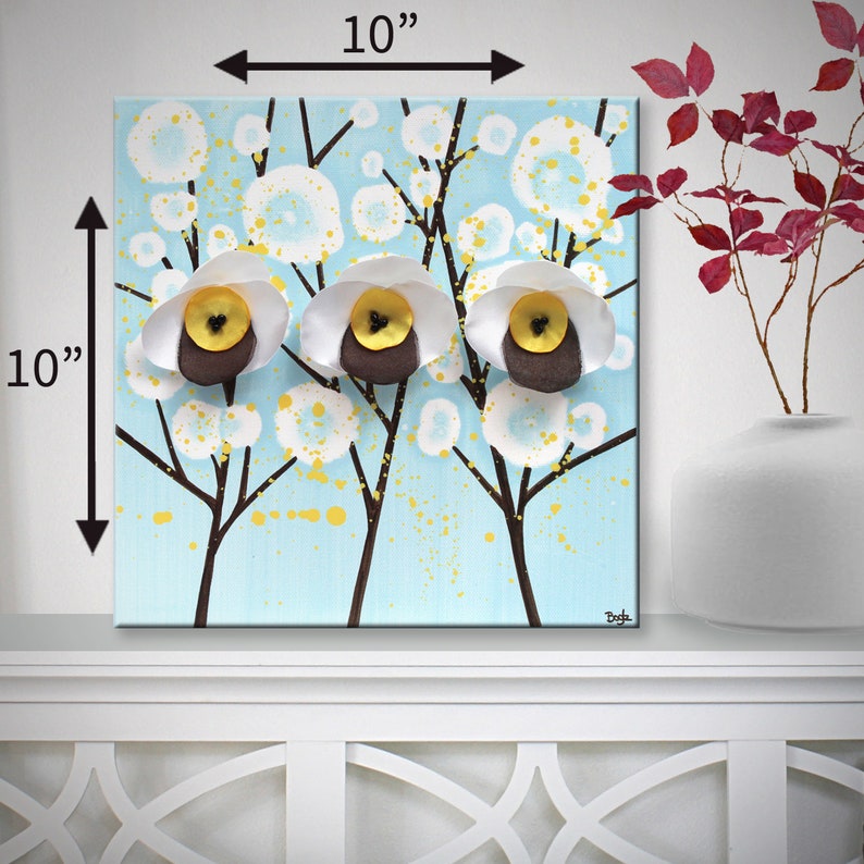 Small size guide for 10x10 cheerful painting gift for mom with 3d flowers on a small canvas art in blue, yellow, and white