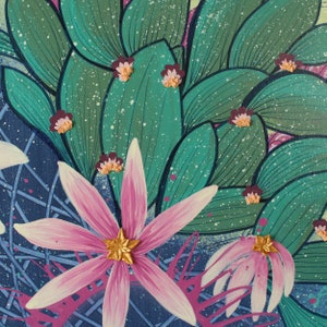 Close up of green leaves on cactus flower painting with colorful texture on canvas as an original one of a kind artwork