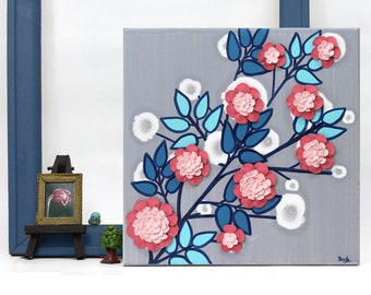 Textured Painting in Scandi Style with 3d Flowers on Canvas for Folk Apartment Décor, Small Original Artwork - 10x10