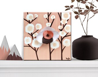 Miniature Artwork on Canvas, Peach Orchid Flower Painting Original, Cubicle Art Decor - 6x6