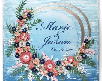 Custom Beach Wedding Art with Inscribed Couples Name, Ring of Sculpted Flowers on Blue Wave Painting Original - 24x24