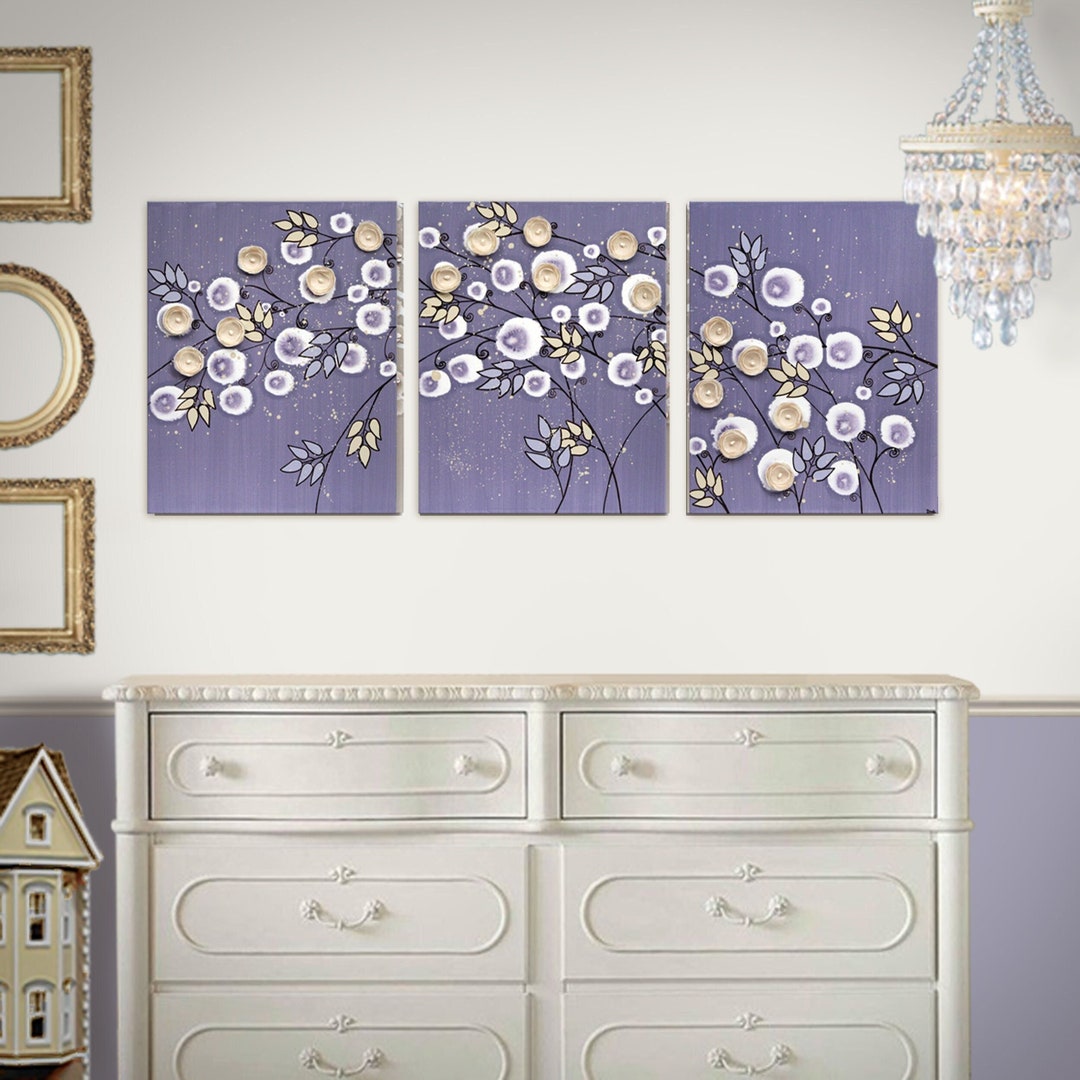 Large Purple Wall Art With 3D Flower Branches on Triptych Canvas