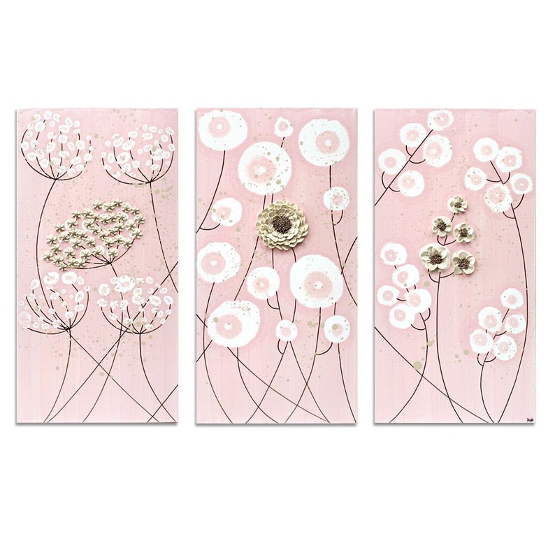 Front view of flower paintings for girls pink nursery decor on a three piece canvas art original triptych with texture