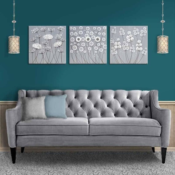 Gray and White Flower Art: Hand-Sculpted Painting, XL Canvas Triptych, 62x20