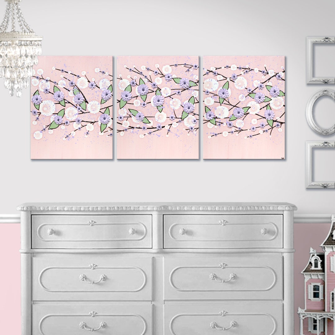 Pink and Purple Nursery Art Painting of Flower Branches on Three