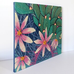 Side view of cactus flower painting with colorful texture on canvas as an original one of a kind artwork