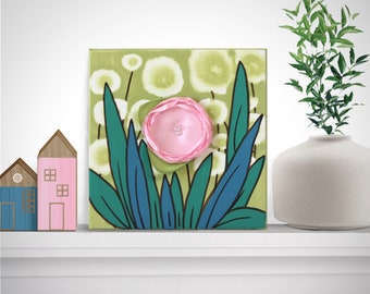 Mini Spring Flower Art: Pink Fabric Flower on Chartreuse Green Canvas,  6x6