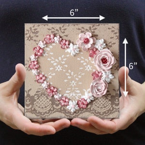 Miniature size guide for 6x6 valentine heart painting with sculpted roses on little canvas for gift for women