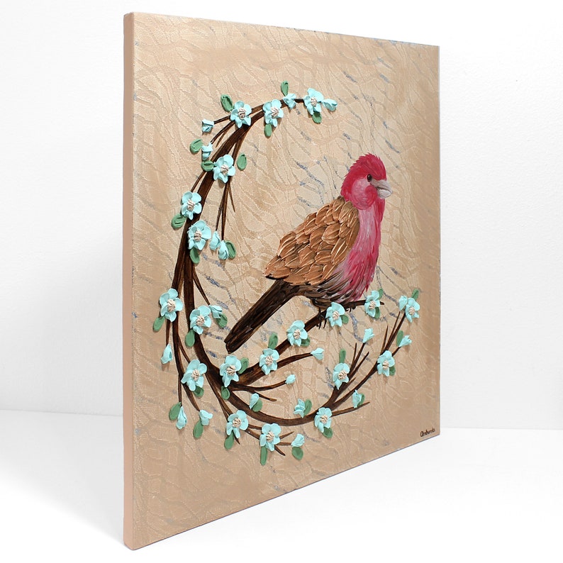 Side view of painting of red finch bird with impasto textured copper feathers on a robins egg blue flowering branch for farmhouse wall art
