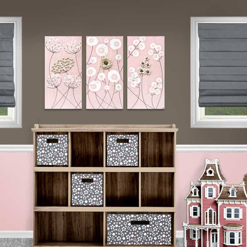 Girl's nursery setting view of flower paintings on a three piece canvas art original triptych with texture