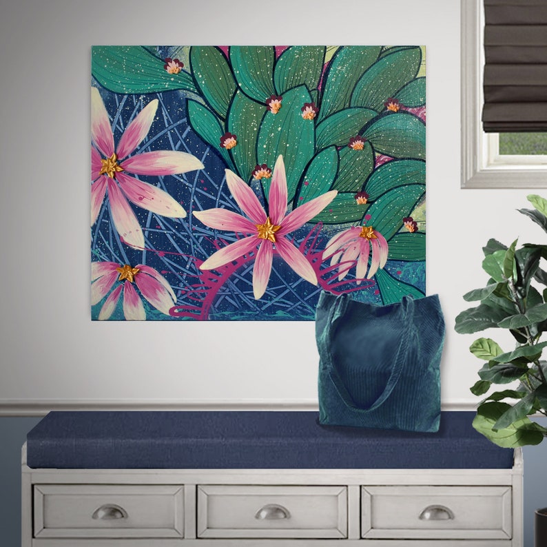 Setting view of cactus flower painting with colorful texture on canvas as an original one of a kind artwork