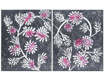 Flowery Heart Painting in Charcoal Gray and Berry Pink, Original Artwork on Diptych Canvas, OOAK Art - 41X24