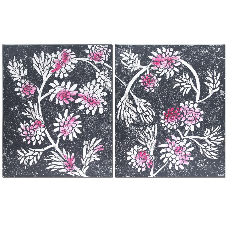 Front view of romantic painting of heart with gray and pink floral heart on original wall art diptych canvas