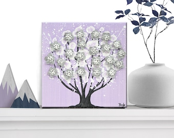 Miniature Textured Art, Little Tree Painting for Shelf Decor in Purple and Gray, Original Artwork on Canvas - 6x6