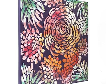 May include: A square canvas painting with a dark purple background featuring a colorful floral pattern. The flowers are in shades of orange, red, pink, and green. The flowers are stylized and abstract.