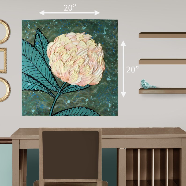 Size guide for 20x20 peach peony painting with impasto texture on a green and teal canvas art original
