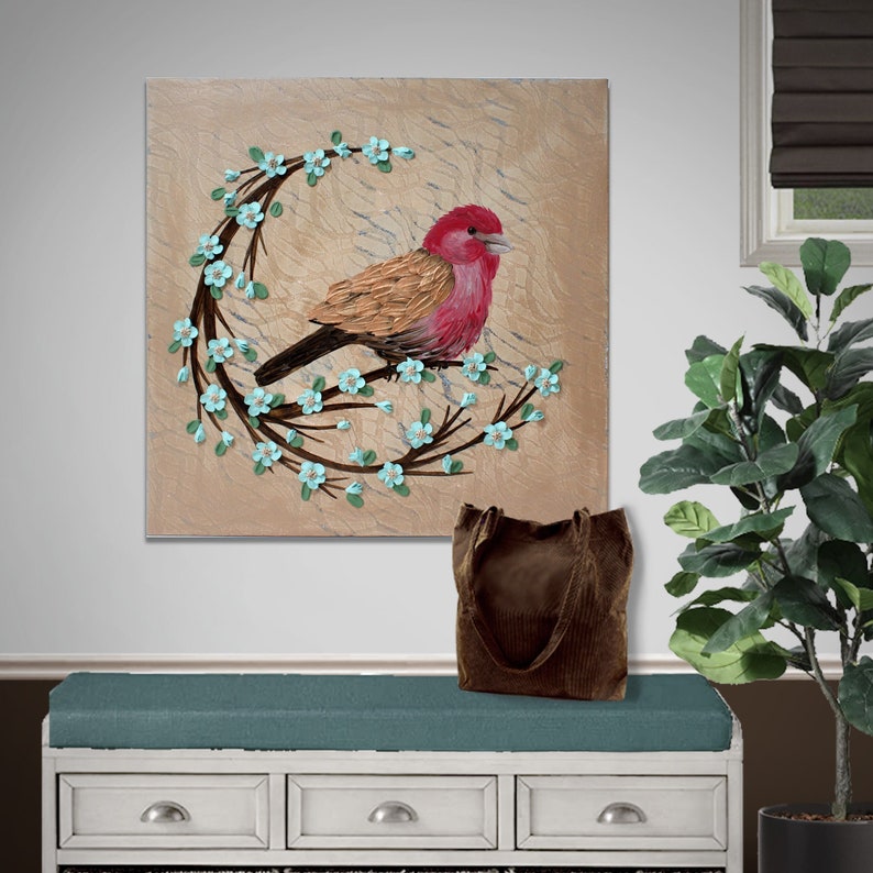 Painting of Bird, Textured Red Finch and 3d Flower Branch on Square Canvas for Farmhouse Wall Art 20x20 image 1