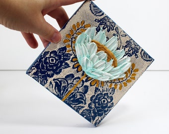 Art Deco Mini Painting: Impasto Blue Flower, Gold Accents, 6x6