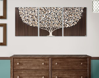 Winter Woodland Tree Painting on Large Three Piece Canvas, Earth Toned Bedroom Wall Art, Minimal Triptych - 50x20