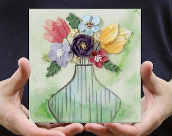 Hand Sculpted Bouquet Painting: Spring Green Floral Art on Mini Canvas, 6x6