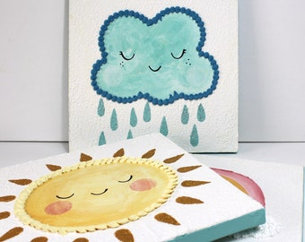 Textured Weather Paintings: Kid's Room Canvas Art, Sun, Rain, Rainbow, 38x12