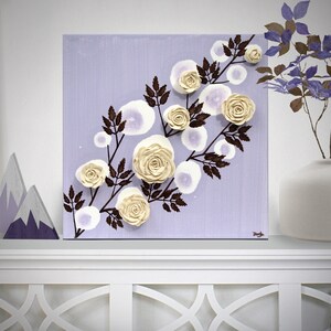 Purple Painting with 3d Sculpted Roses, Original Artwork on Canvas - Small 10x10