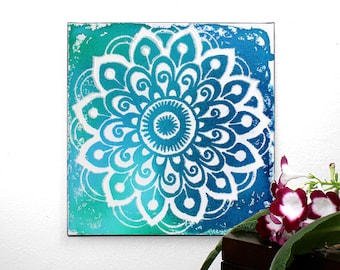 Blue Mandala Artwork in India Ink with White Texture on Square Canvas - Small 10x10