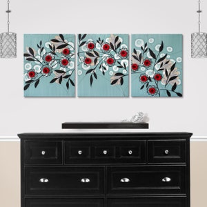 Triptych Painting of Black and Red Flowers on 3 Large Canvases in Acrylic and Ink, Mixed Original Artwork, OOAK - 50x20