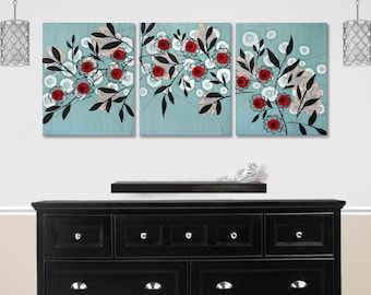 Triptych Painting of Black and Red Flowers on 3 Large Canvases in Acrylic and Ink, Mixed Original Artwork, OOAK - 50x20