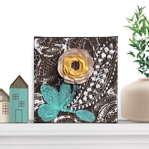 Rich Earth Toned Artwork on Mini Canvas for Shelf Decor, Sculpted Yellow Flower on Textured Painting - 6x6