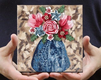 Red Rose Bouquet Art: Hand-Sculpted Flowers in Vase on Mini Canvas, 6X6