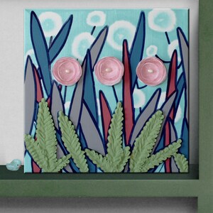 Spring Floral Folk Art on Small Canvas with Textured Leaves and 3d Pink Flowers, Original Painting OOAK - 10x10