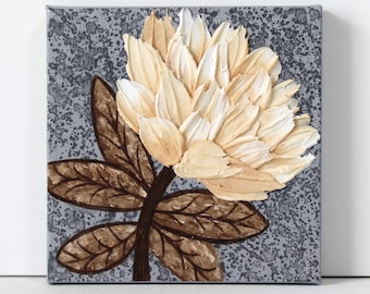 Impasto Peony Painting: Neutral Color Art on Mini Canvas, 6x6