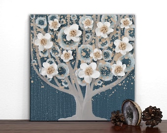 Miniature Tree Painting: Blue and White Sculpted Texture on Canvas, 6x6