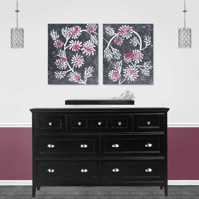 Flowery Heart Painting in Charcoal Gray and Berry Pink, Original Artwork on Diptych Canvas, OOAK Art 41X24 image 2