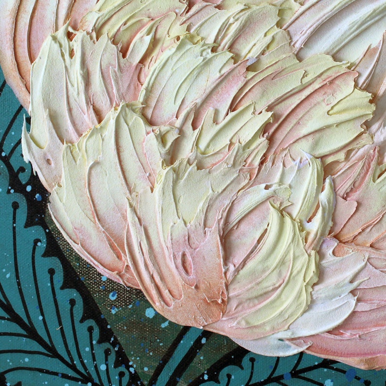 Center view for peach peony painting with impasto texture on a green and teal canvas art original