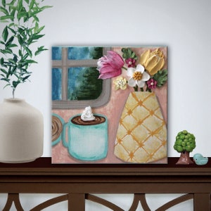 Cheerful Little Painting of Coffee and Flower Bouquet on Mini Canvas, Coffee Lovers Gift for Mom - 6x6