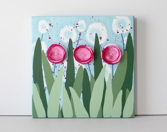 Spring Floral Painting for Mother's Day Gift, 3d Flowers on Small Canvas in Sky Blue, Green, Berry Pink - 10x10